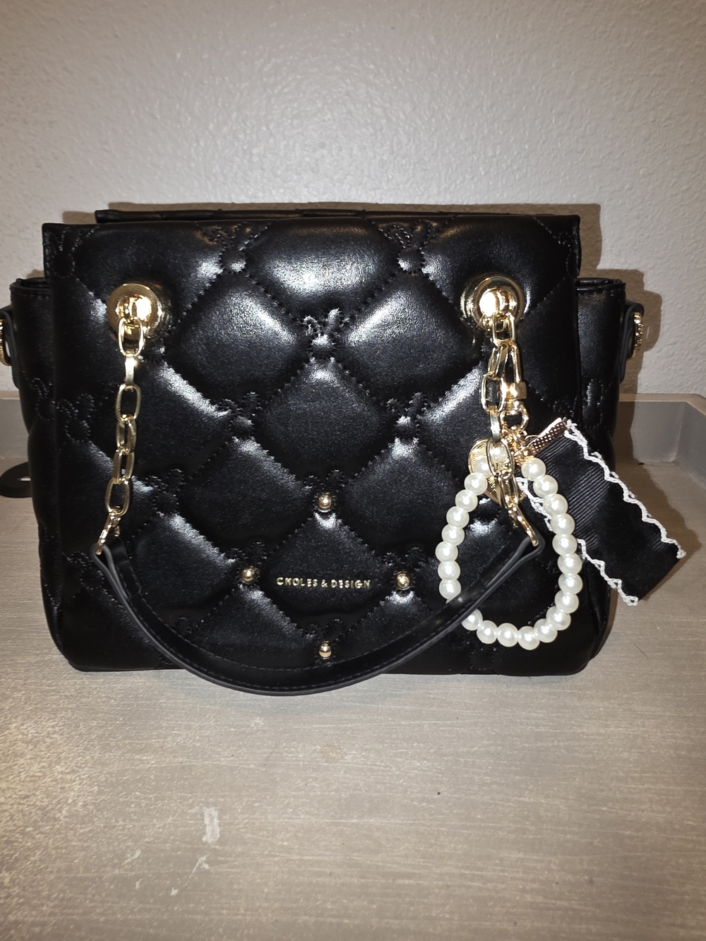 Black Quilted Satchel with Gold Chain & Pearl Charm -